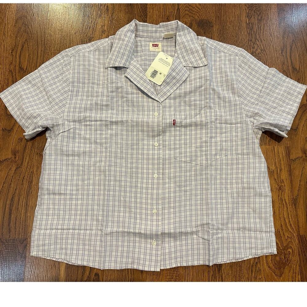 Levi’s Plaid Button Down Large Purple White Linen Cotton Blend Short Sleeve NWT